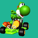 Mario Kart 64's Yoshi driving a racing cart.